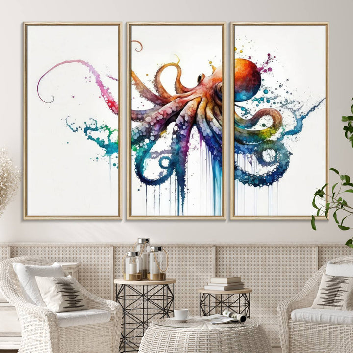 19374-MGV-CV-36X24-Watercolor Vibrant Octopus Wall Art Canvas Print | Abstract Sea Life Art | Colorful Marine Creature Decor | Ready to Hang