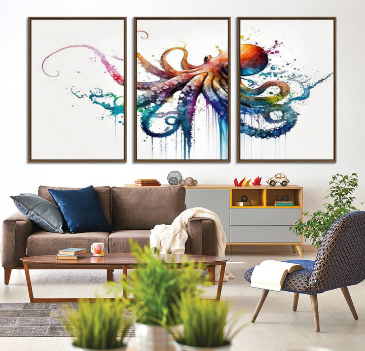 19374-MGV-CV-36X24-Watercolor Vibrant Octopus Wall Art Canvas Print | Abstract Sea Life Art | Colorful Marine Creature Decor | Ready to Hang
