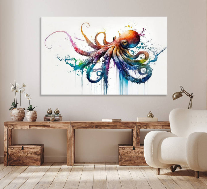 Watercolor Vibrant Octopus Wall Art Canvas Print | Abstract Sea Life Art | Colorful Marine Creature Decor | Ready to Hang