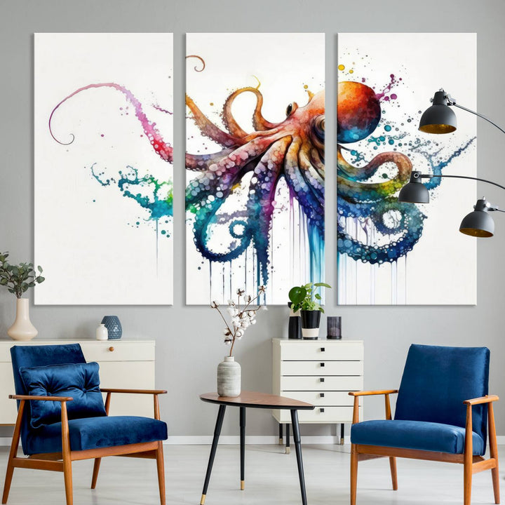 Watercolor Vibrant Octopus Wall Art Canvas Print | Abstract Sea Life Art | Colorful Marine Creature Decor | Ready to Hang