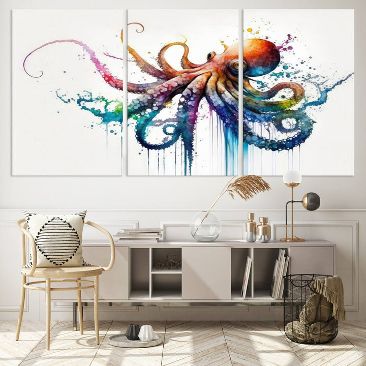Watercolor Vibrant Octopus Wall Art Canvas Print | Abstract Sea Life Art | Colorful Marine Creature Decor | Ready to Hang