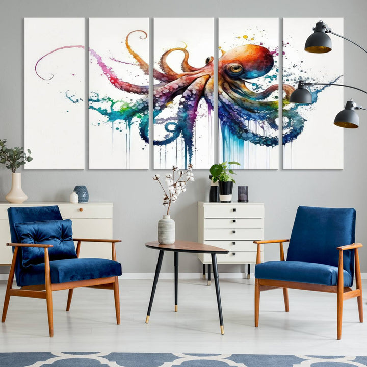 19374-MGV-CV-60X31-5P-Watercolor Vibrant Octopus Wall Art Canvas Print | Abstract Sea Life Art | Colorful Marine Creature Decor | Ready to Hang