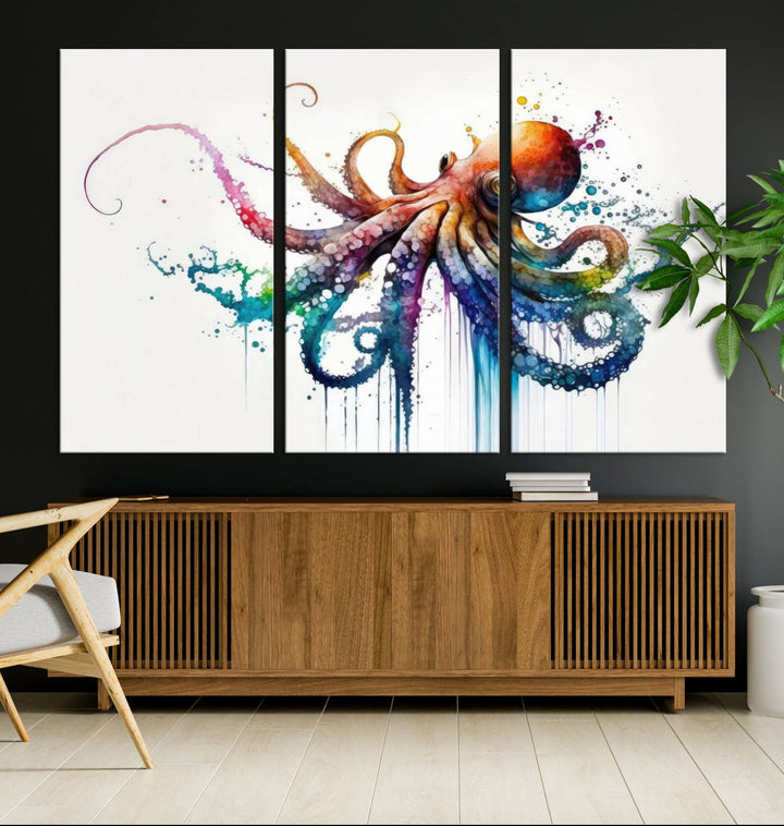 Watercolor Vibrant Octopus Wall Art Canvas Print | Abstract Sea Life Art | Colorful Marine Creature Decor | Ready to Hang