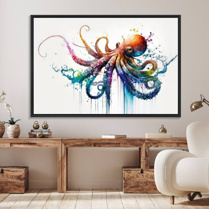 19374-MGV-FC-36X24_Black-Watercolor Vibrant Octopus Wall Art Canvas Print | Abstract Sea Life Art | Colorful Marine Creature Decor | Ready to Hang