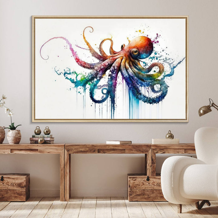 19374-MGV-FC-36X24_Natural-Watercolor Vibrant Octopus Wall Art Canvas Print | Abstract Sea Life Art | Colorful Marine Creature Decor | Ready to Hang