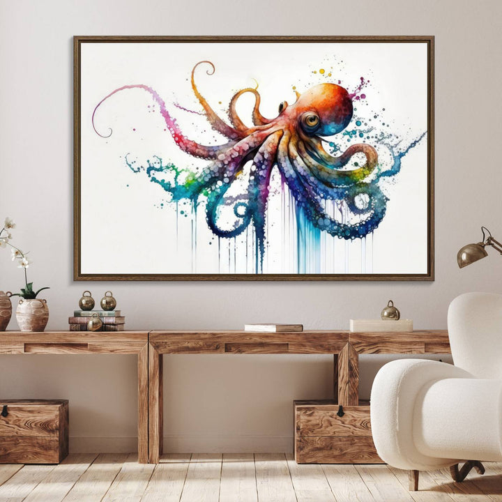 19374-MGV-FC-36X24_Walnut-Watercolor Vibrant Octopus Wall Art Canvas Print | Abstract Sea Life Art | Colorful Marine Creature Decor | Ready to Hang