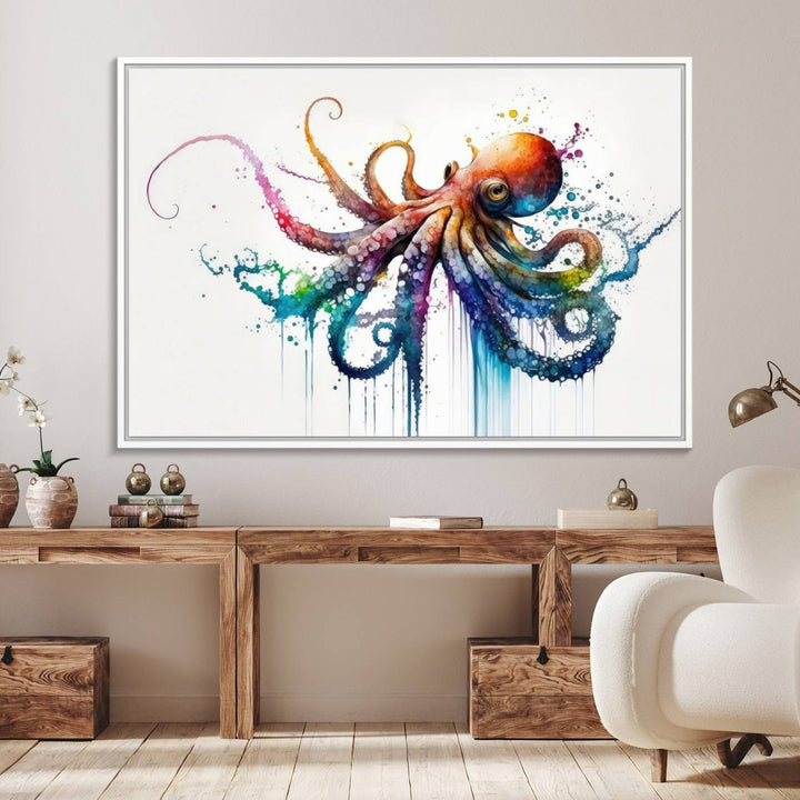 19374-MGV-FC-36X24_White-Watercolor Vibrant Octopus Wall Art Canvas Print | Abstract Sea Life Art | Colorful Marine Creature Decor | Ready to Hang