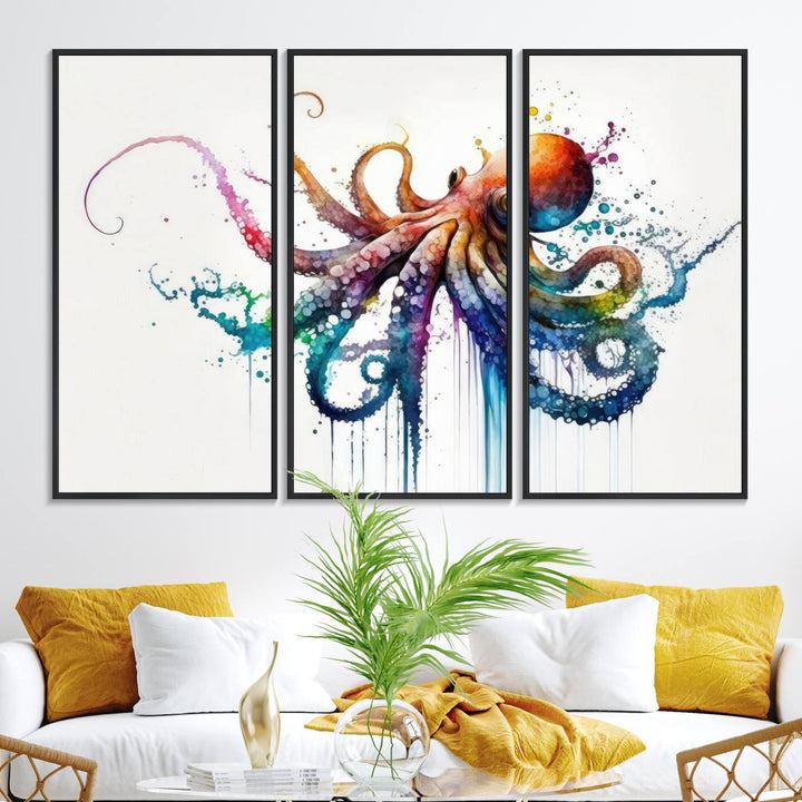 19374-MGV-FC-48X32-3P_Black-Watercolor Vibrant Octopus Wall Art Canvas Print | Abstract Sea Life Art | Colorful Marine Creature Decor | Ready to Hang