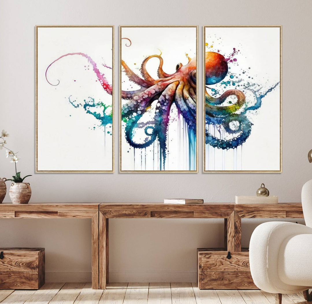 19374-MGV-FC-48X32-3P_Natural-Watercolor Vibrant Octopus Wall Art Canvas Print | Abstract Sea Life Art | Colorful Marine Creature Decor | Ready to Hang