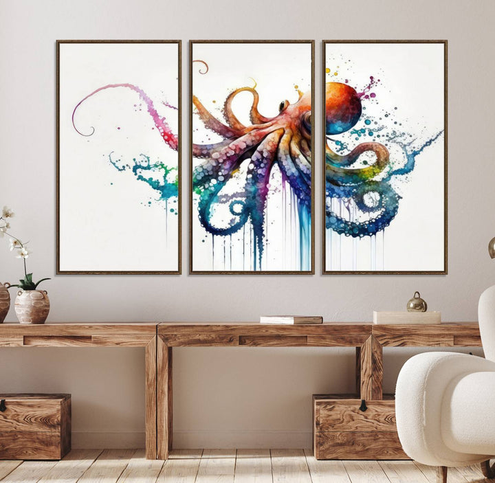 19374-MGV-FC-48X32-3P_Walnut-Watercolor Vibrant Octopus Wall Art Canvas Print | Abstract Sea Life Art | Colorful Marine Creature Decor | Ready to Hang