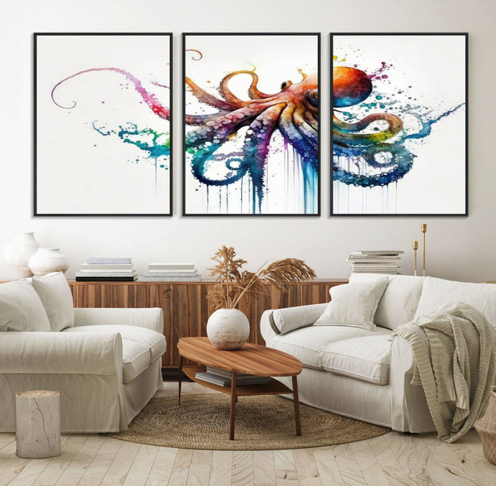 19374-MGV-FC-60X30-3P_Black-Watercolor Vibrant Octopus Wall Art Canvas Print | Abstract Sea Life Art | Colorful Marine Creature Decor | Ready to Hang
