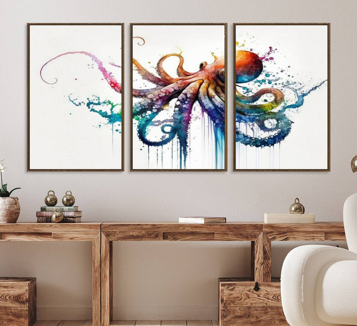 19374-MGV-FC-60X30-3P_Walnut-Watercolor Vibrant Octopus Wall Art Canvas Print | Abstract Sea Life Art | Colorful Marine Creature Decor | Ready to Hang