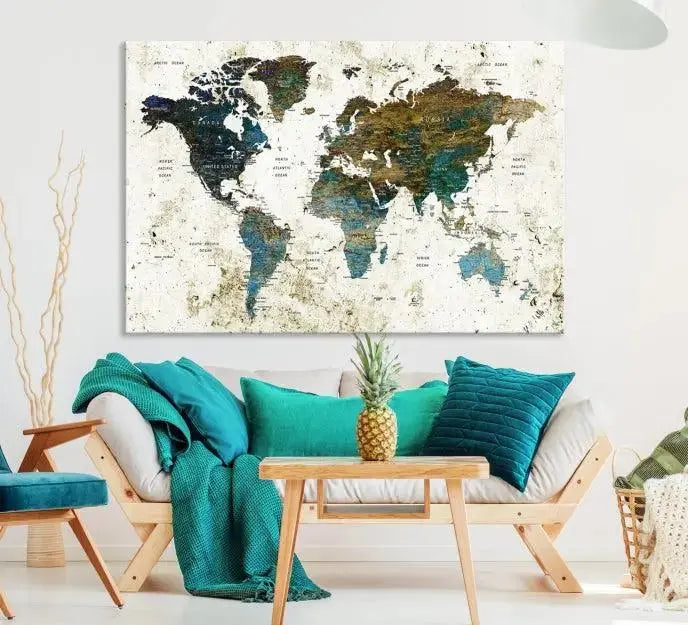 The Watercolor Wall Art World Map Canvas Print graces the wall, offering a stunning display with its museum-quality canvas and UV-protective coating. This ready-to-hang artwork effortlessly elevates your space.