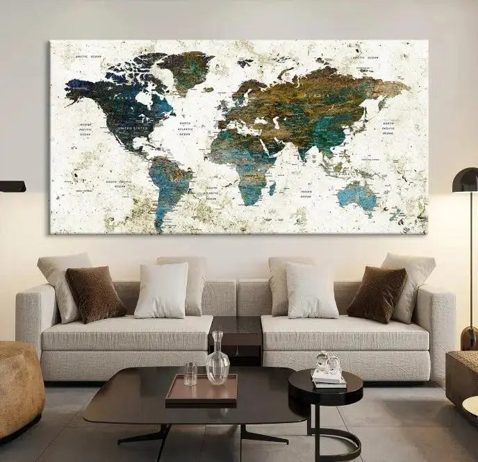 The Watercolor Wall Art World Map Canvas Print graces the wall, offering a stunning display with its museum-quality canvas and UV-protective coating. This ready-to-hang artwork effortlessly elevates your space.