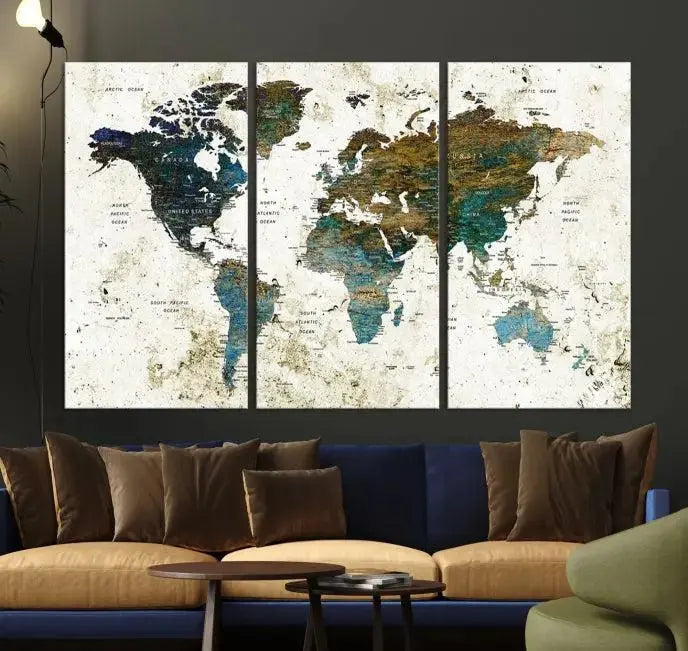 The Watercolor Wall Art World Map Canvas Print graces the wall, offering a stunning display with its museum-quality canvas and UV-protective coating. This ready-to-hang artwork effortlessly elevates your space.