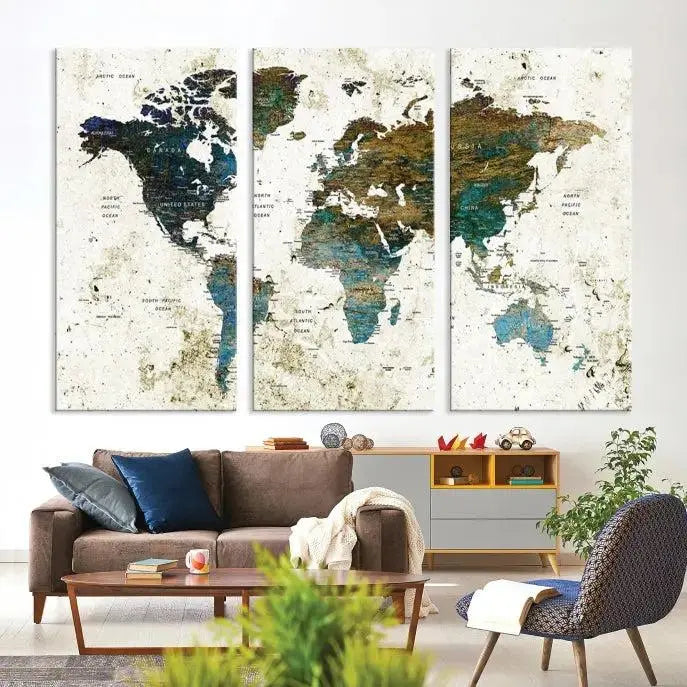 The Watercolor Wall Art World Map Canvas Print graces the wall, offering a stunning display with its museum-quality canvas and UV-protective coating. This ready-to-hang artwork effortlessly elevates your space.