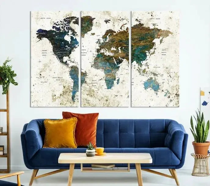 The Watercolor Wall Art World Map Canvas Print graces the wall, offering a stunning display with its museum-quality canvas and UV-protective coating. This ready-to-hang artwork effortlessly elevates your space.