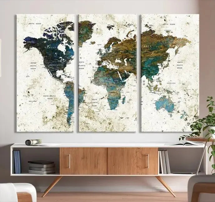 The Watercolor Wall Art World Map Canvas Print graces the wall, offering a stunning display with its museum-quality canvas and UV-protective coating. This ready-to-hang artwork effortlessly elevates your space.