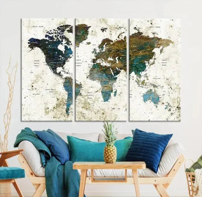 The Watercolor Wall Art World Map Canvas Print graces the wall, offering a stunning display with its museum-quality canvas and UV-protective coating. This ready-to-hang artwork effortlessly elevates your space.