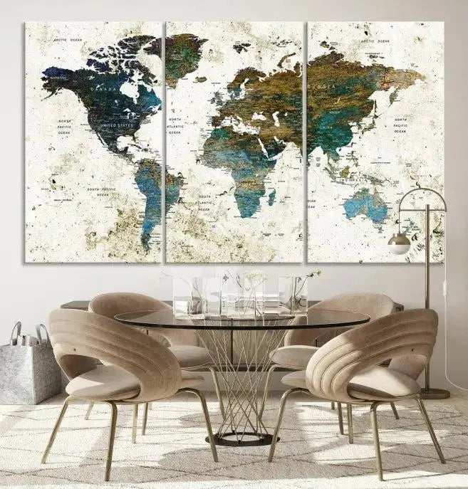 The Watercolor Wall Art World Map Canvas Print graces the wall, offering a stunning display with its museum-quality canvas and UV-protective coating. This ready-to-hang artwork effortlessly elevates your space.