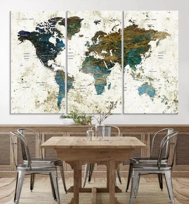 The Watercolor Wall Art World Map Canvas Print graces the wall, offering a stunning display with its museum-quality canvas and UV-protective coating. This ready-to-hang artwork effortlessly elevates your space.