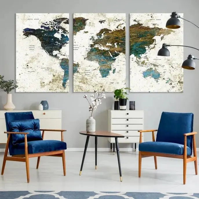 The Watercolor Wall Art World Map Canvas Print graces the wall, offering a stunning display with its museum-quality canvas and UV-protective coating. This ready-to-hang artwork effortlessly elevates your space.