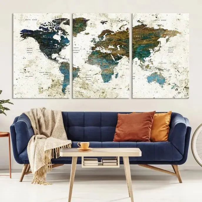 The Watercolor Wall Art World Map Canvas Print graces the wall, offering a stunning display with its museum-quality canvas and UV-protective coating. This ready-to-hang artwork effortlessly elevates your space.