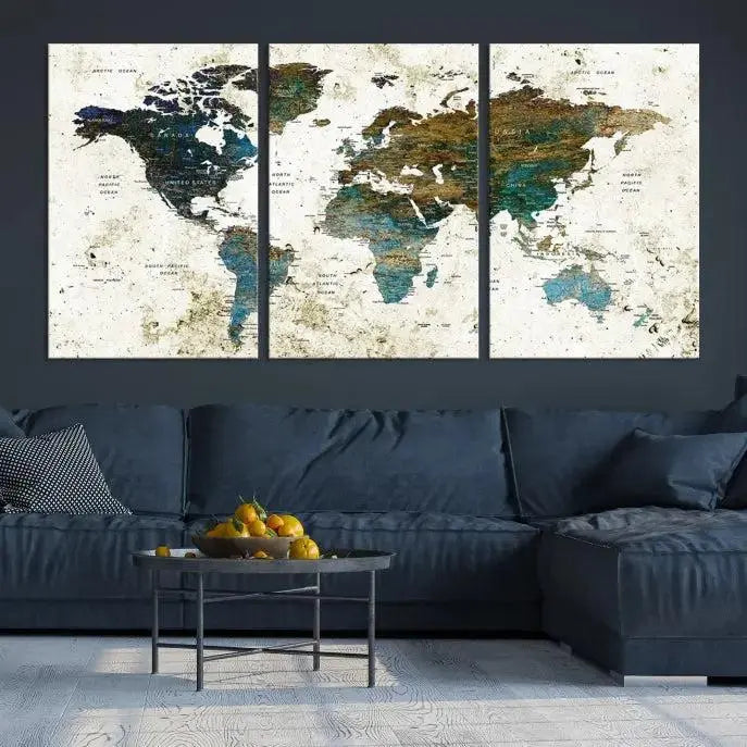 The Watercolor Wall Art World Map Canvas Print graces the wall, offering a stunning display with its museum-quality canvas and UV-protective coating. This ready-to-hang artwork effortlessly elevates your space.