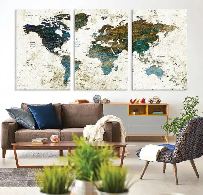 The Watercolor Wall Art World Map Canvas Print graces the wall, offering a stunning display with its museum-quality canvas and UV-protective coating. This ready-to-hang artwork effortlessly elevates your space.