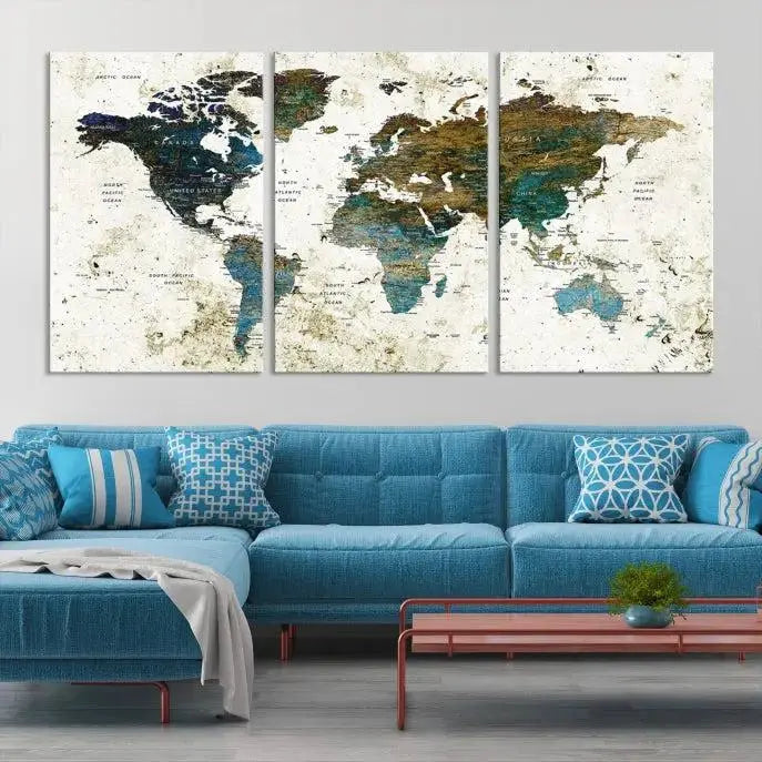 The Watercolor Wall Art World Map Canvas Print graces the wall, offering a stunning display with its museum-quality canvas and UV-protective coating. This ready-to-hang artwork effortlessly elevates your space.