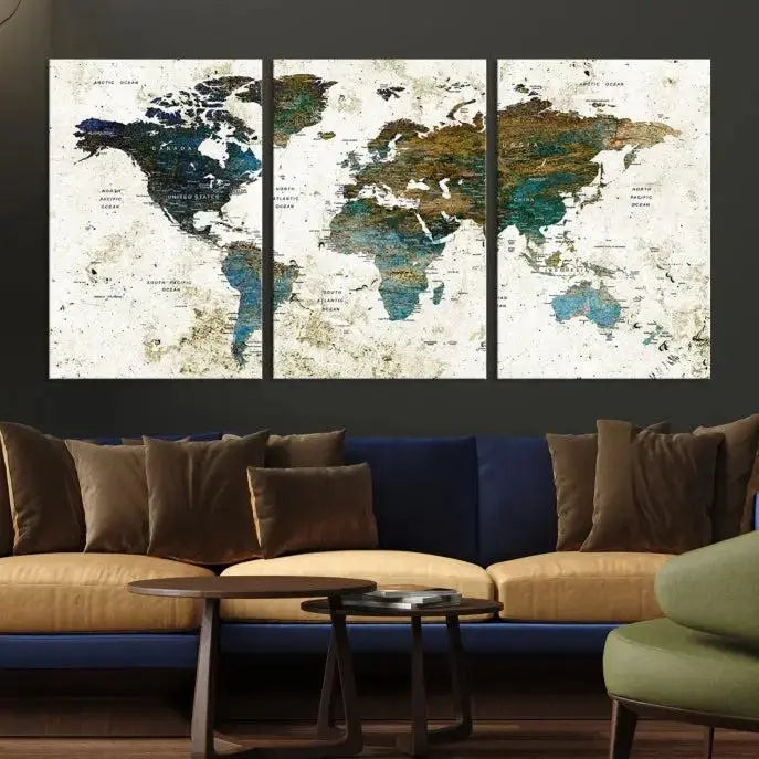 The Watercolor Wall Art World Map Canvas Print graces the wall, offering a stunning display with its museum-quality canvas and UV-protective coating. This ready-to-hang artwork effortlessly elevates your space.