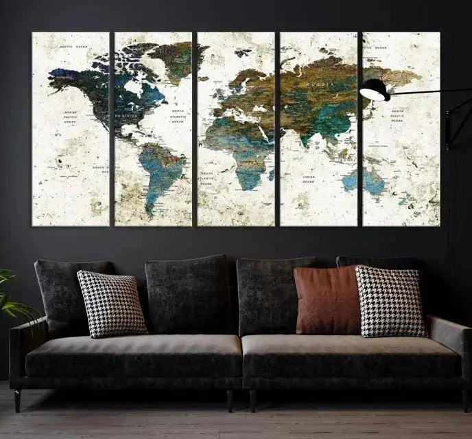 The Watercolor Wall Art World Map Canvas Print graces the wall, offering a stunning display with its museum-quality canvas and UV-protective coating. This ready-to-hang artwork effortlessly elevates your space.