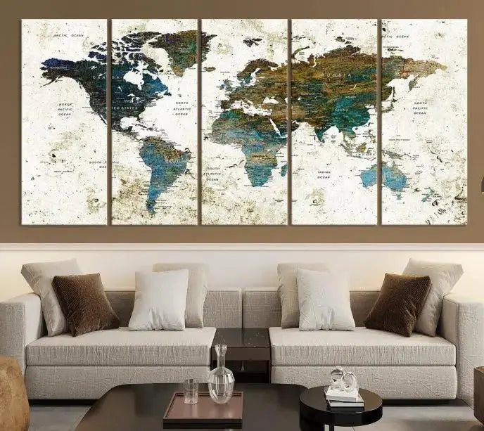 The Watercolor Wall Art World Map Canvas Print graces the wall, offering a stunning display with its museum-quality canvas and UV-protective coating. This ready-to-hang artwork effortlessly elevates your space.