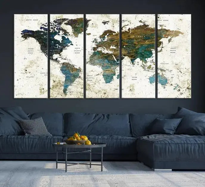 The Watercolor Wall Art World Map Canvas Print graces the wall, offering a stunning display with its museum-quality canvas and UV-protective coating. This ready-to-hang artwork effortlessly elevates your space.