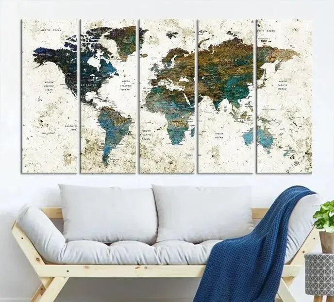 The Watercolor Wall Art World Map Canvas Print graces the wall, offering a stunning display with its museum-quality canvas and UV-protective coating. This ready-to-hang artwork effortlessly elevates your space.