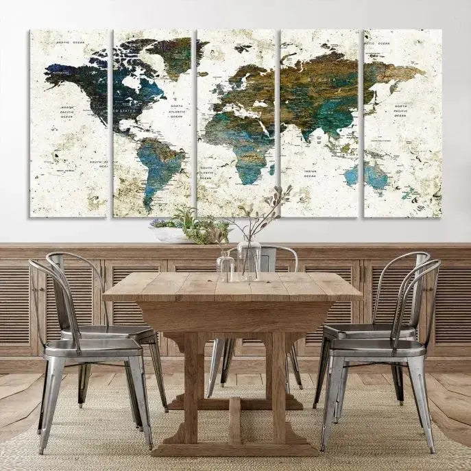 The Watercolor Wall Art World Map Canvas Print graces the wall, offering a stunning display with its museum-quality canvas and UV-protective coating. This ready-to-hang artwork effortlessly elevates your space.