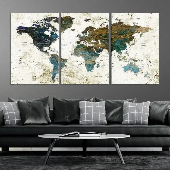 The Watercolor Wall Art World Map Canvas Print graces the wall, offering a stunning display with its museum-quality canvas and UV-protective coating. This ready-to-hang artwork effortlessly elevates your space.