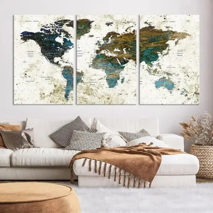 The Watercolor Wall Art World Map Canvas Print graces the wall, offering a stunning display with its museum-quality canvas and UV-protective coating. This ready-to-hang artwork effortlessly elevates your space.