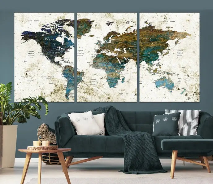 The Watercolor Wall Art World Map Canvas Print graces the wall, offering a stunning display with its museum-quality canvas and UV-protective coating. This ready-to-hang artwork effortlessly elevates your space.