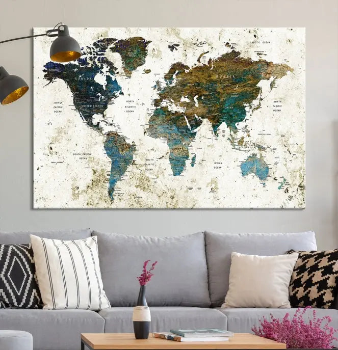 The Watercolor Wall Art World Map Canvas Print graces the wall, offering a stunning display with its museum-quality canvas and UV-protective coating. This ready-to-hang artwork effortlessly elevates your space.