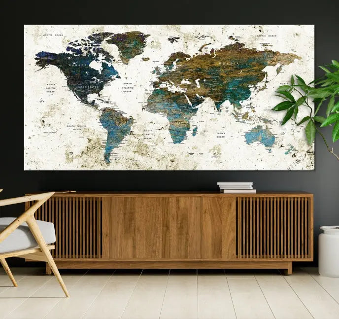 The Watercolor Wall Art World Map Canvas Print graces the wall, offering a stunning display with its museum-quality canvas and UV-protective coating. This ready-to-hang artwork effortlessly elevates your space.