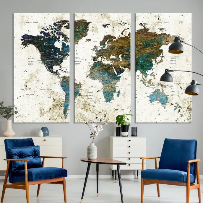 The Watercolor Wall Art World Map Canvas Print graces the wall, offering a stunning display with its museum-quality canvas and UV-protective coating. This ready-to-hang artwork effortlessly elevates your space.