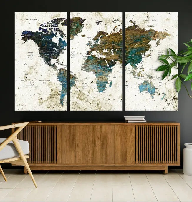 The Watercolor Wall Art World Map Canvas Print graces the wall, offering a stunning display with its museum-quality canvas and UV-protective coating. This ready-to-hang artwork effortlessly elevates your space.