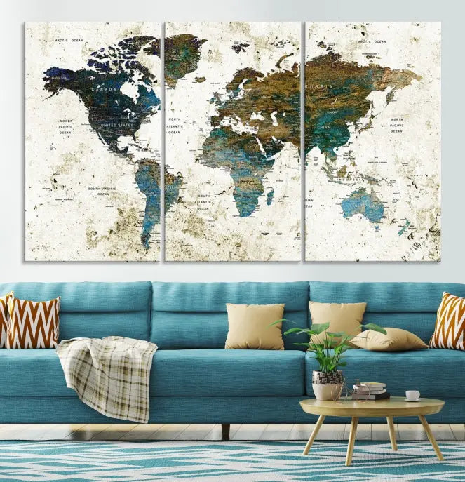 The Watercolor Wall Art World Map Canvas Print graces the wall, offering a stunning display with its museum-quality canvas and UV-protective coating. This ready-to-hang artwork effortlessly elevates your space.