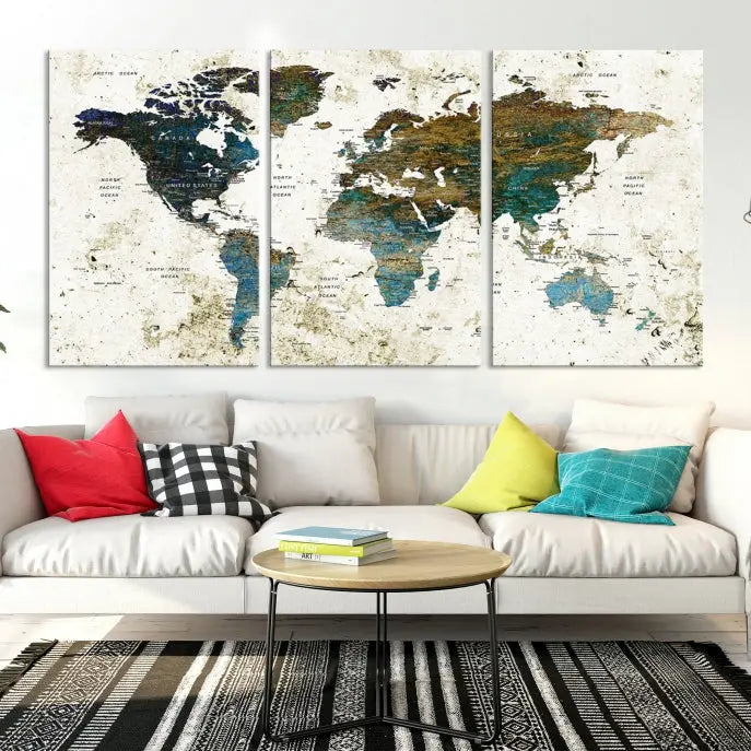 The Watercolor Wall Art World Map Canvas Print graces the wall, offering a stunning display with its museum-quality canvas and UV-protective coating. This ready-to-hang artwork effortlessly elevates your space.