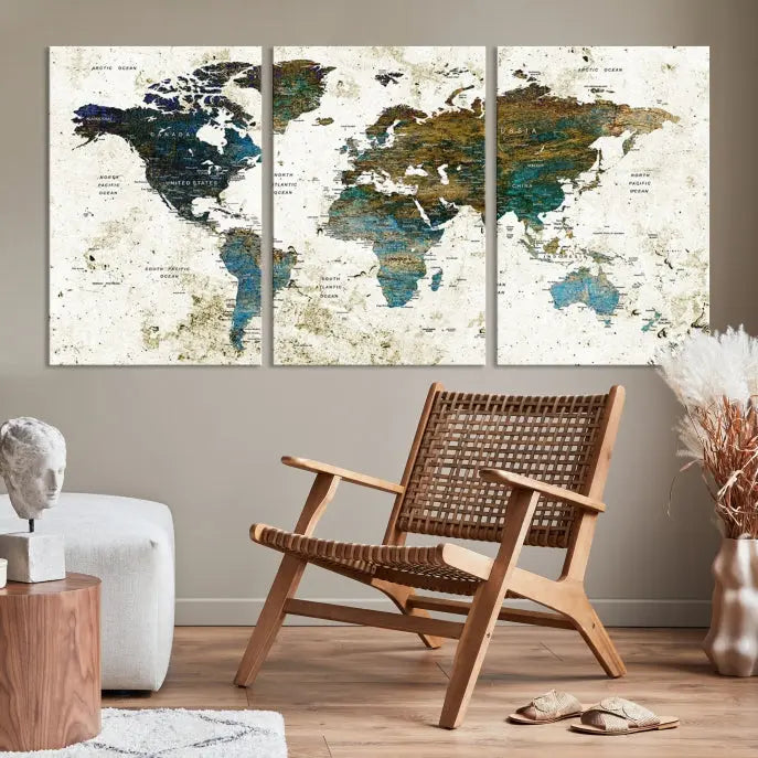 The Watercolor Wall Art World Map Canvas Print graces the wall, offering a stunning display with its museum-quality canvas and UV-protective coating. This ready-to-hang artwork effortlessly elevates your space.