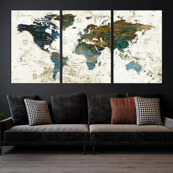 The Watercolor Wall Art World Map Canvas Print graces the wall, offering a stunning display with its museum-quality canvas and UV-protective coating. This ready-to-hang artwork effortlessly elevates your space.