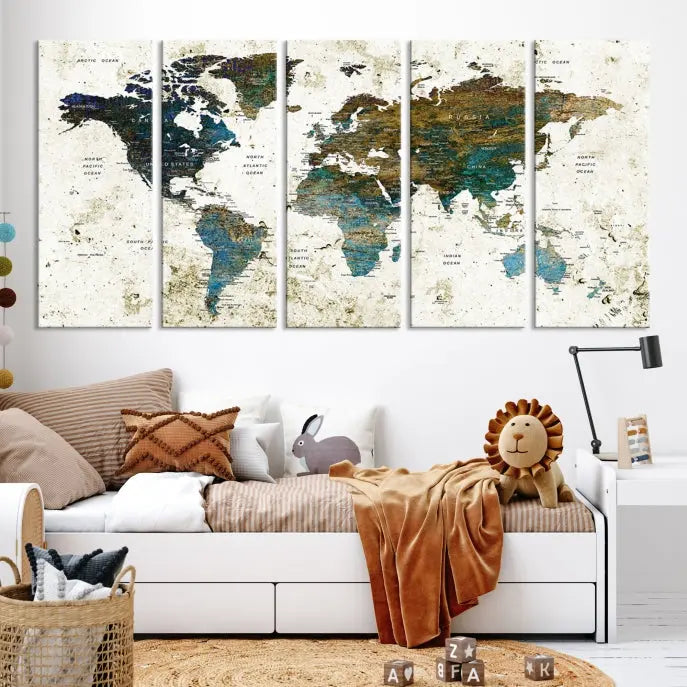 The Watercolor Wall Art World Map Canvas Print graces the wall, offering a stunning display with its museum-quality canvas and UV-protective coating. This ready-to-hang artwork effortlessly elevates your space.