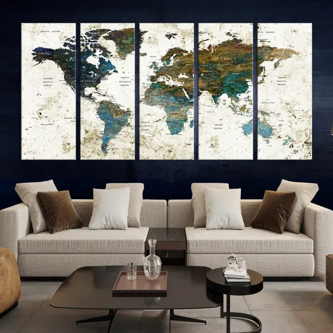 The Watercolor Wall Art World Map Canvas Print graces the wall, offering a stunning display with its museum-quality canvas and UV-protective coating. This ready-to-hang artwork effortlessly elevates your space.