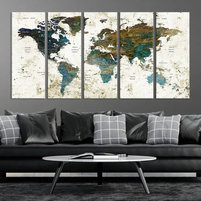 The Watercolor Wall Art World Map Canvas Print graces the wall, offering a stunning display with its museum-quality canvas and UV-protective coating. This ready-to-hang artwork effortlessly elevates your space.